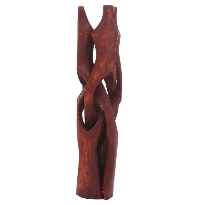 Dark brown natural wood tripod stand with organic, intertwined legs for crystal spheres or abalone shells.