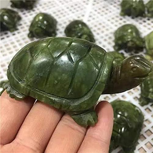 Hand-carved Xiuyan Jade turtle figurine in deep green, promoting grounding and stability with a polished, waxy luster.