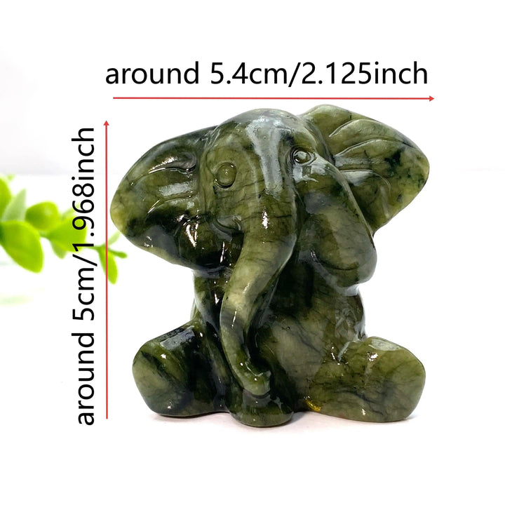 Xiuyan Jade Crystal Carved Elephant Statue: deep green, waxy jade elephant for luck, wisdom, and protection.