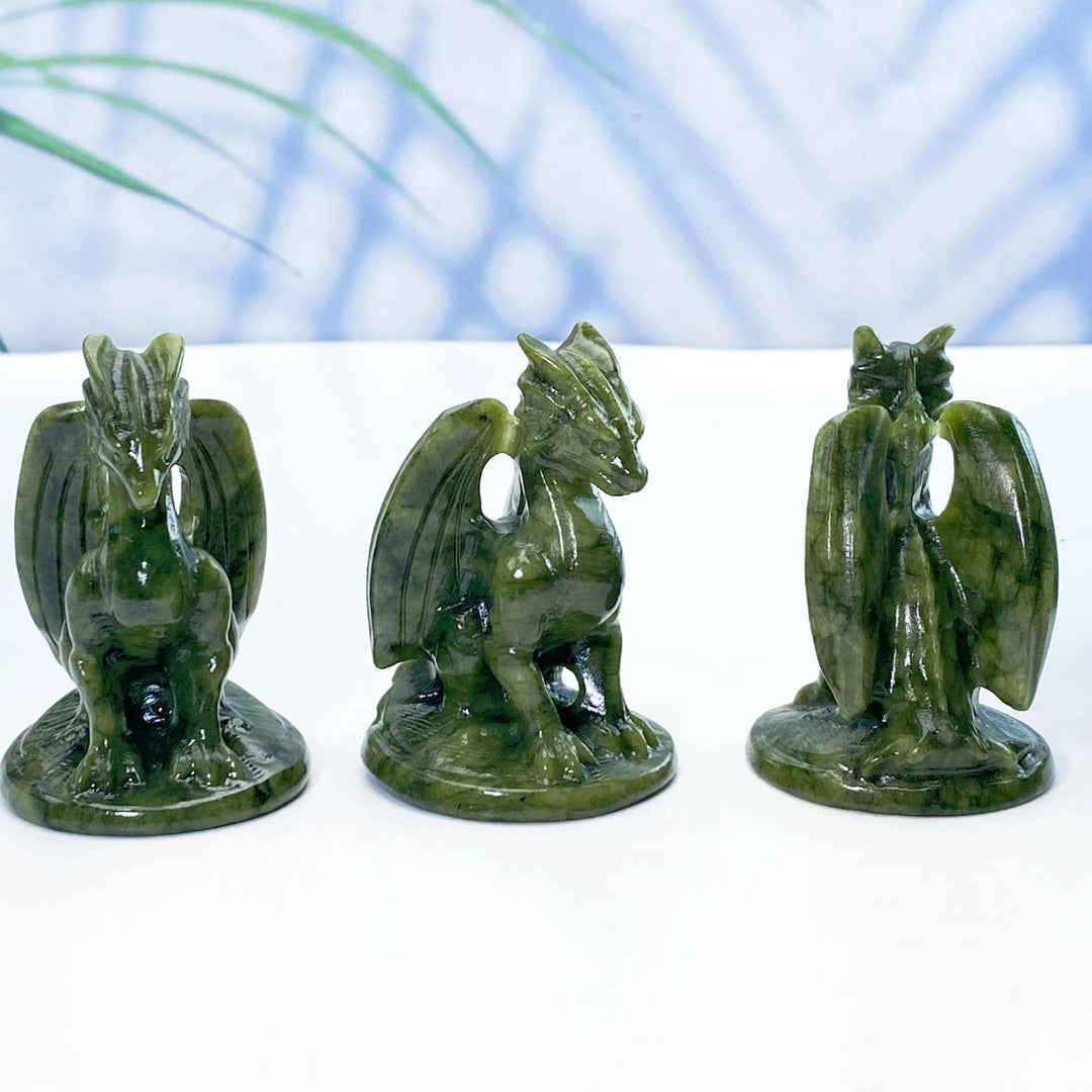 Green Xiuyan Jade Pterosaur Dragon carving, a natural crystal figurine for home decor and gifting.