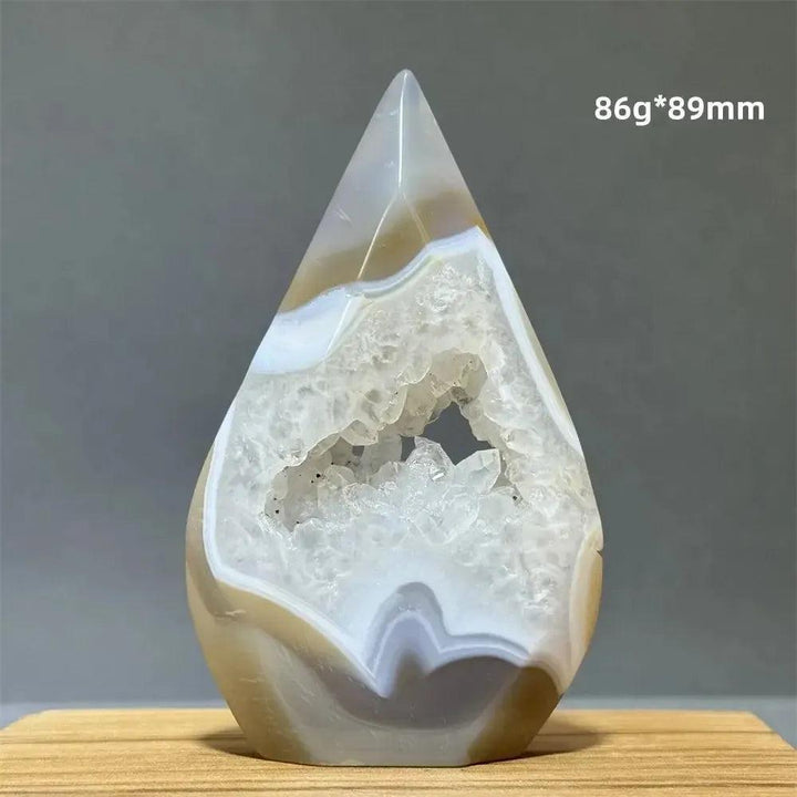 Yellow Agate Freeform Cave Torch from Crystal Destiny; natural mineral specimen, 86g*89mm, with white crystal interior.