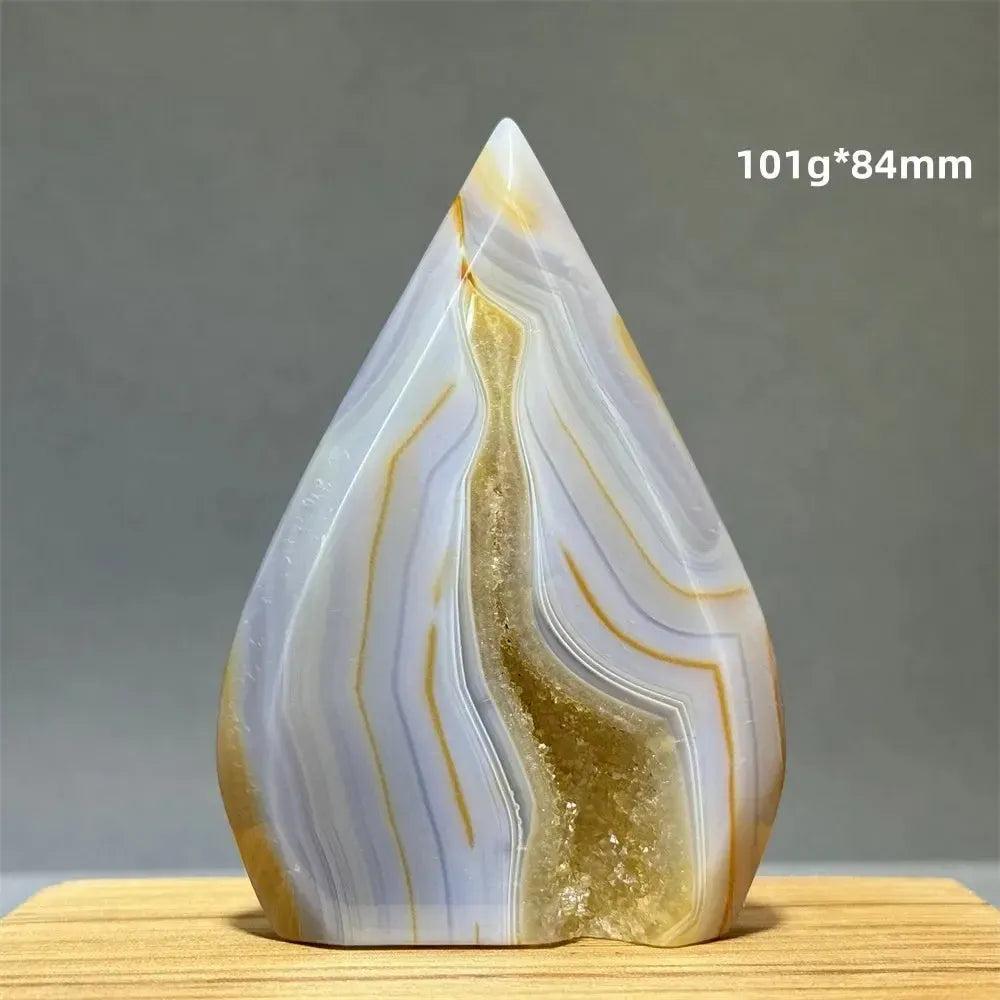 Yellow Agate freeform cave torch by Crystal Destiny, 101g, 84mm, with warm golden bands and a sparkling geode interior.
