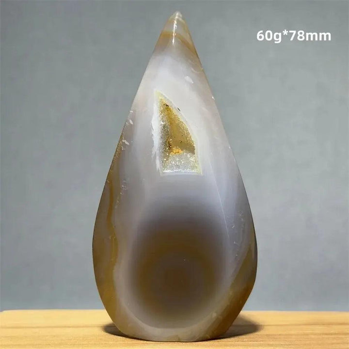 Yellow Agate freeform cave torch by Crystal Destiny, 60g, 78mm. Uplifting solar stone with natural hollow.
