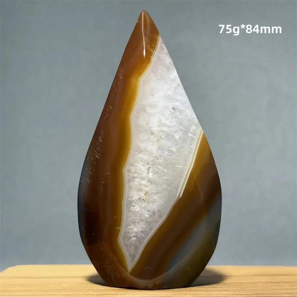 Yellow Agate freeform cave torch by Crystal Destiny, 75g, 84mm, with warm golden-brown bands and a white crystalline interior.
