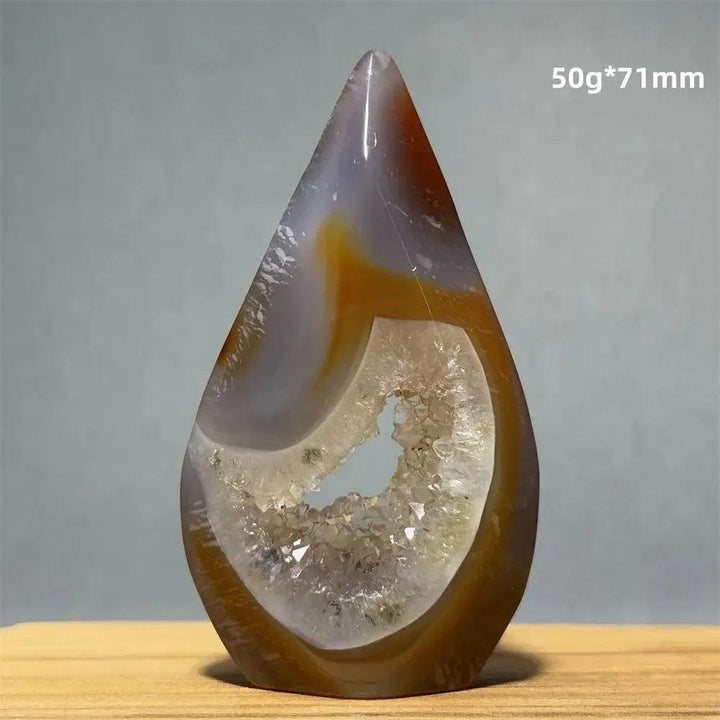 Yellow Agate Freeform Cave Torch from Crystal Destiny. Natural mineral specimen, 50g*71mm, with sparkling geode interior.