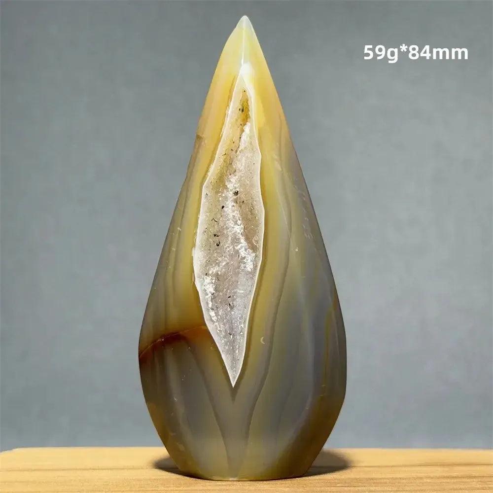 Yellow Agate Freeform Cave Torch from Crystal Destiny, a natural mineral specimen with warm golden hues and a sparkling geode interior.