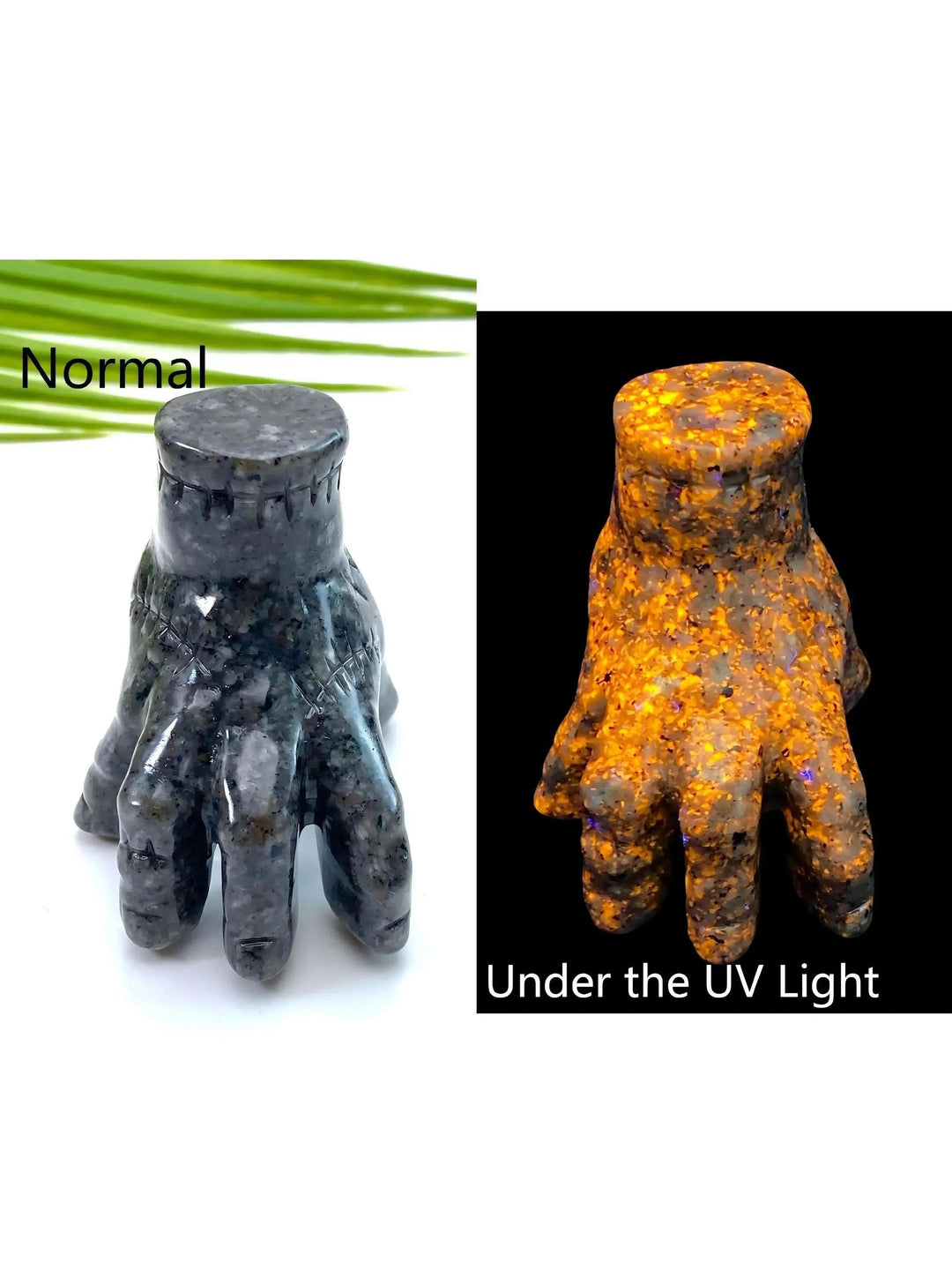 Yooperlite Ghost Hand carving, dark gray with white specks, glowing vivid orange and gold under UV light.