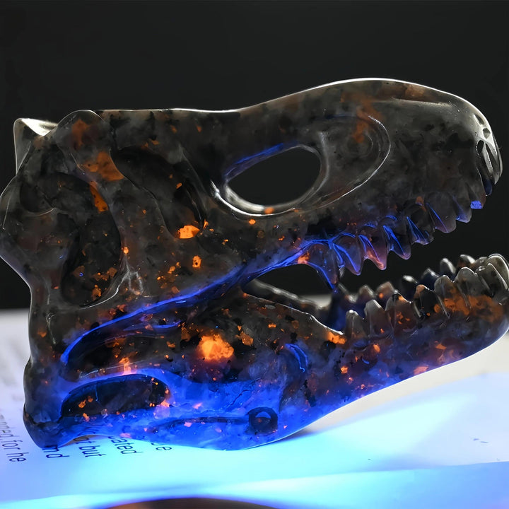 Yooperlite T-Rex skull carving, dark gray with glowing orange and blue UV reactive spots.