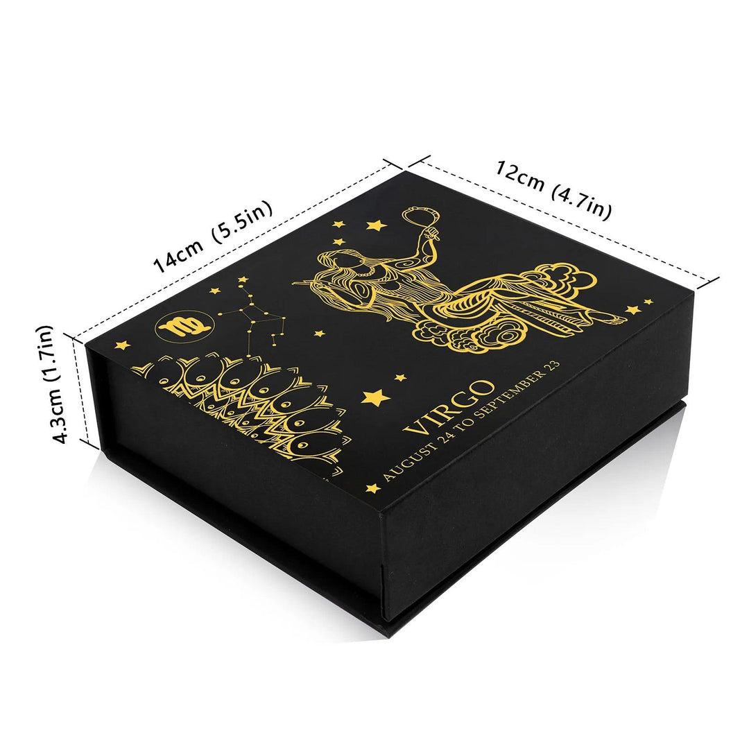 Elegant black Zodiac Crystal Gift Box for Virgo, featuring gold constellation and sign, with dimensions 14x12x4.3cm.