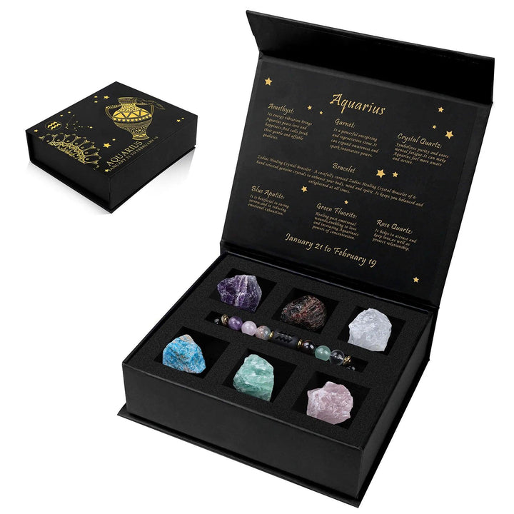Aquarius Zodiac Crystal Gift Box with Amethyst, Garnet, Crystal Quartz, Blue Apatite, Green Fluorite, and Rose Quartz.