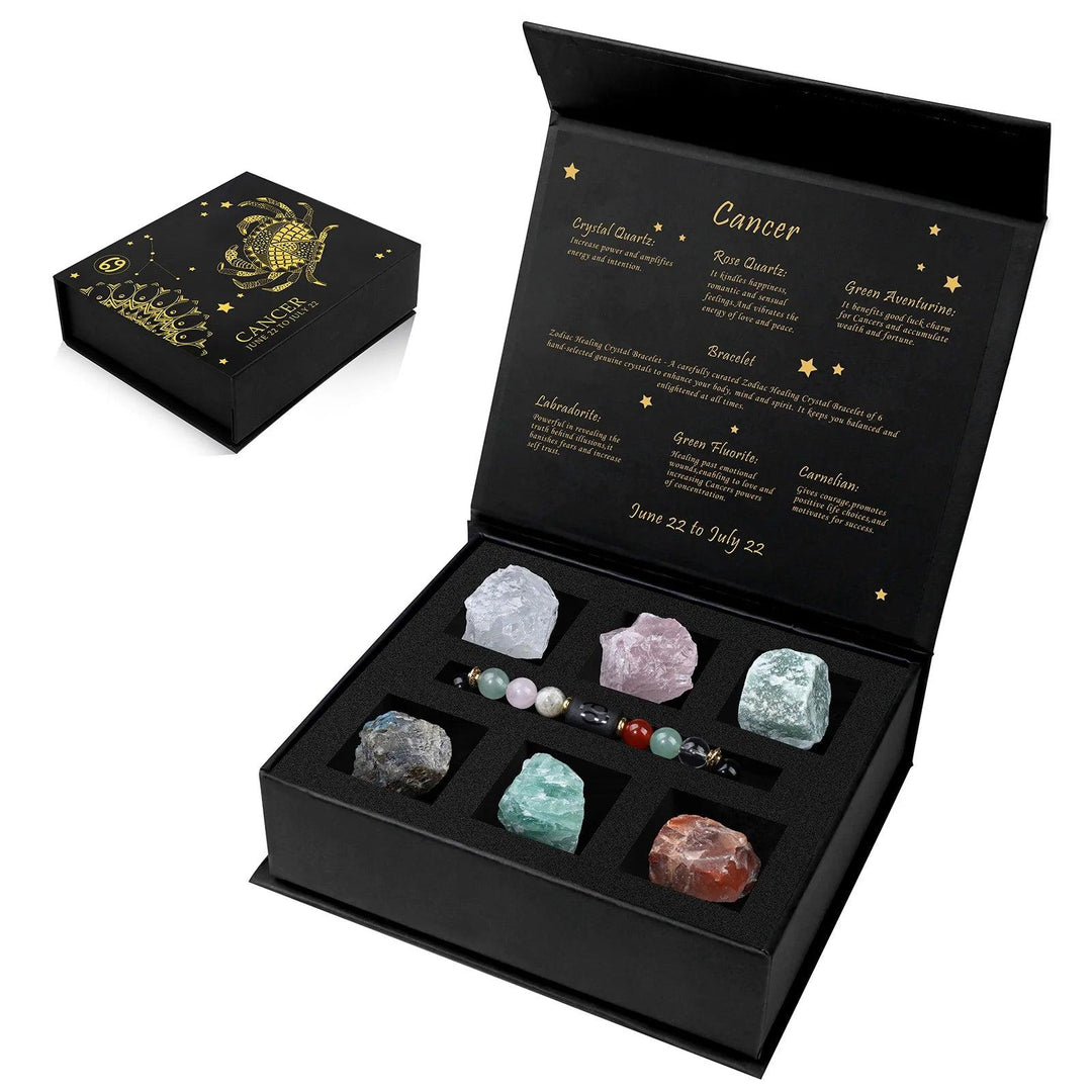 Cancer Zodiac Crystal Gift Box with healing stones: Clear Quartz, Rose Quartz, Green Aventurine, Labradorite, Green Fluorite, Carnelian, and a beaded bracelet.