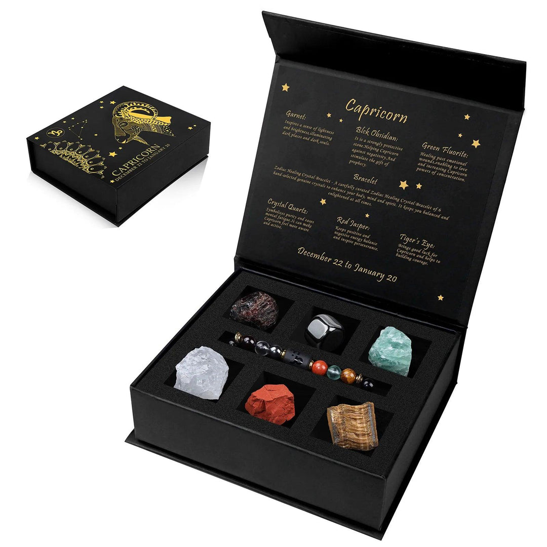Capricorn Zodiac Crystal Gift Box with Garnet, Black Obsidian, Green Fluorite, Crystal Quartz, Red Jasper, and Tiger's Eye stones.