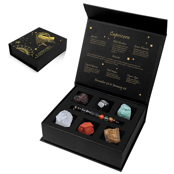Capricorn Zodiac Crystal Gift Box with Garnet, Black Obsidian, Green Fluorite, Crystal Quartz, Red Jasper, and Tiger's Eye stones.