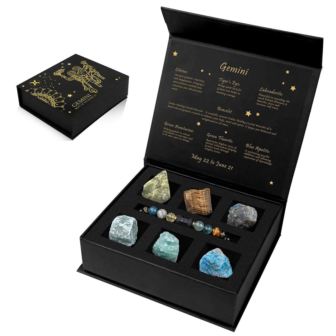 Gemini Zodiac Crystal Gift Box with Citrine, Tiger's Eye, Labradorite, and more healing stone beads.