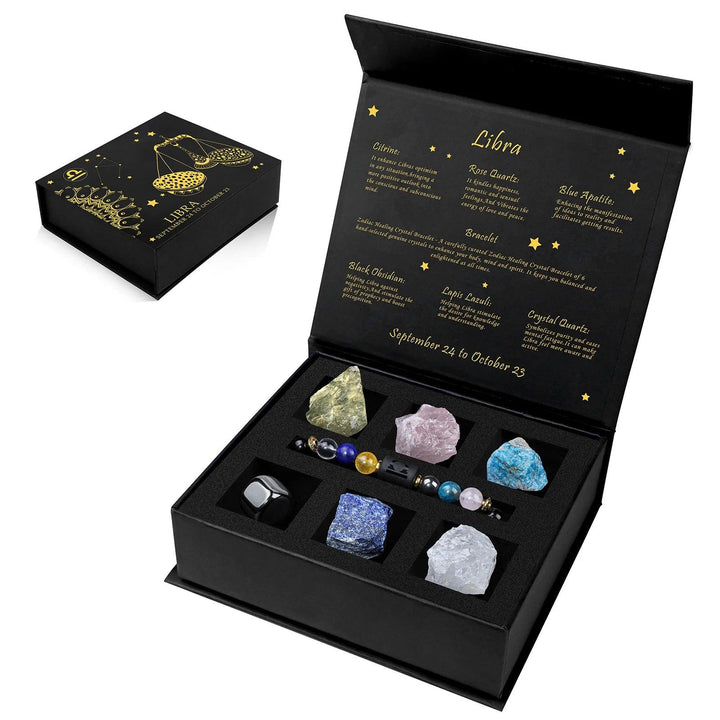Libra Zodiac Crystal Gift Box with Citrine, Rose Quartz, Blue Apatite, Black Obsidian, Lapis Lazuli, and Quartz crystals.