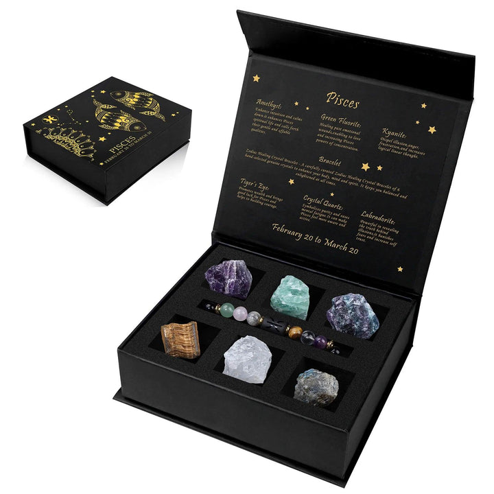 Pisces Zodiac Crystal Gift Box with Amethyst, Green Fluorite, Rhyolite, Tiger's Eye, Crystal Quartz, and Labradorite for health and balance.
