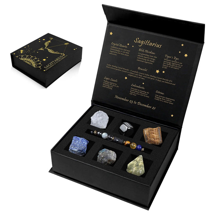 Sagittarius Zodiac Crystal Gift Box with healing stones: Quartz, Black Obsidian, Tiger Eye, Lapis Lazuli, Labradorite, Citrine.