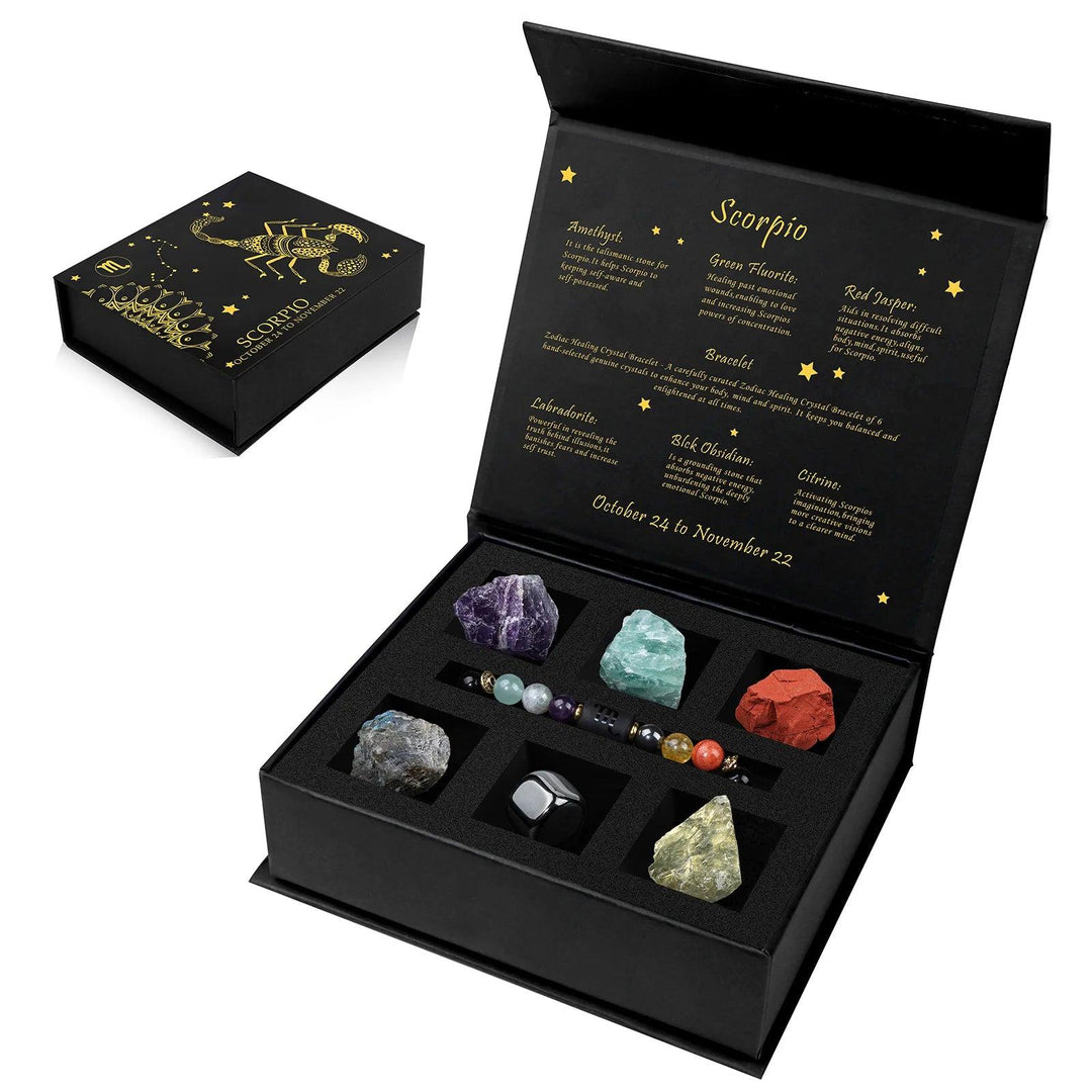 Scorpio Zodiac Crystal Gift Box with healing Amethyst, Green Fluorite, Red Jasper, Labradorite, Black Obsidian, Citrine, and a beaded bracelet.