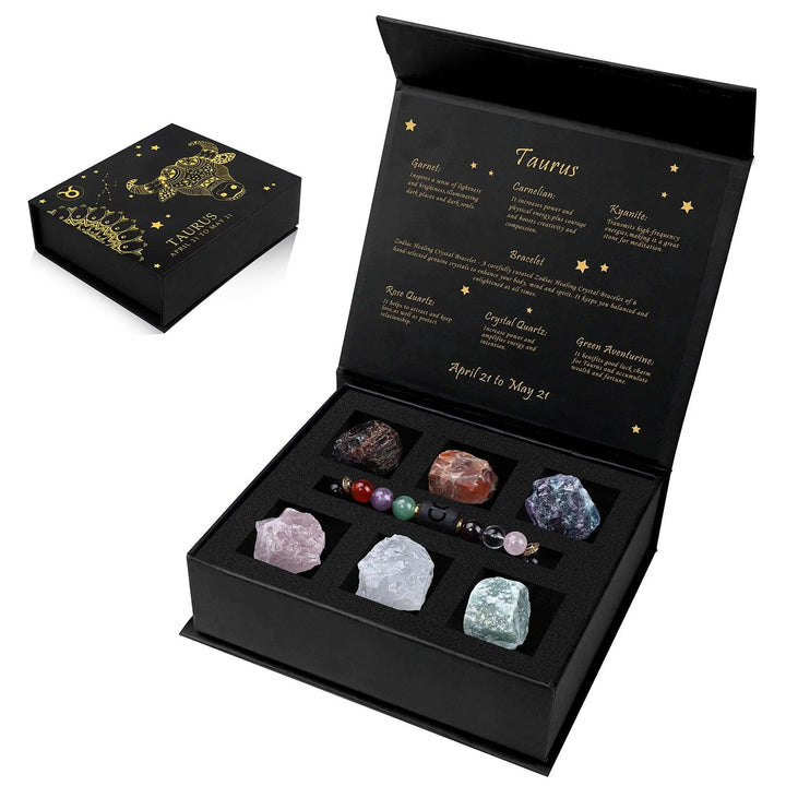 Taurus Zodiac Crystal Gift Box with 7 raw healing crystals and a beaded bracelet, perfect for health and balance.