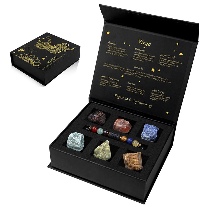 Virgo Zodiac Crystal Gift Box with Garnet, Carnelian, Lapis Lazuli, Green Aventurine, Citrine, and Tiger's Eye stones.