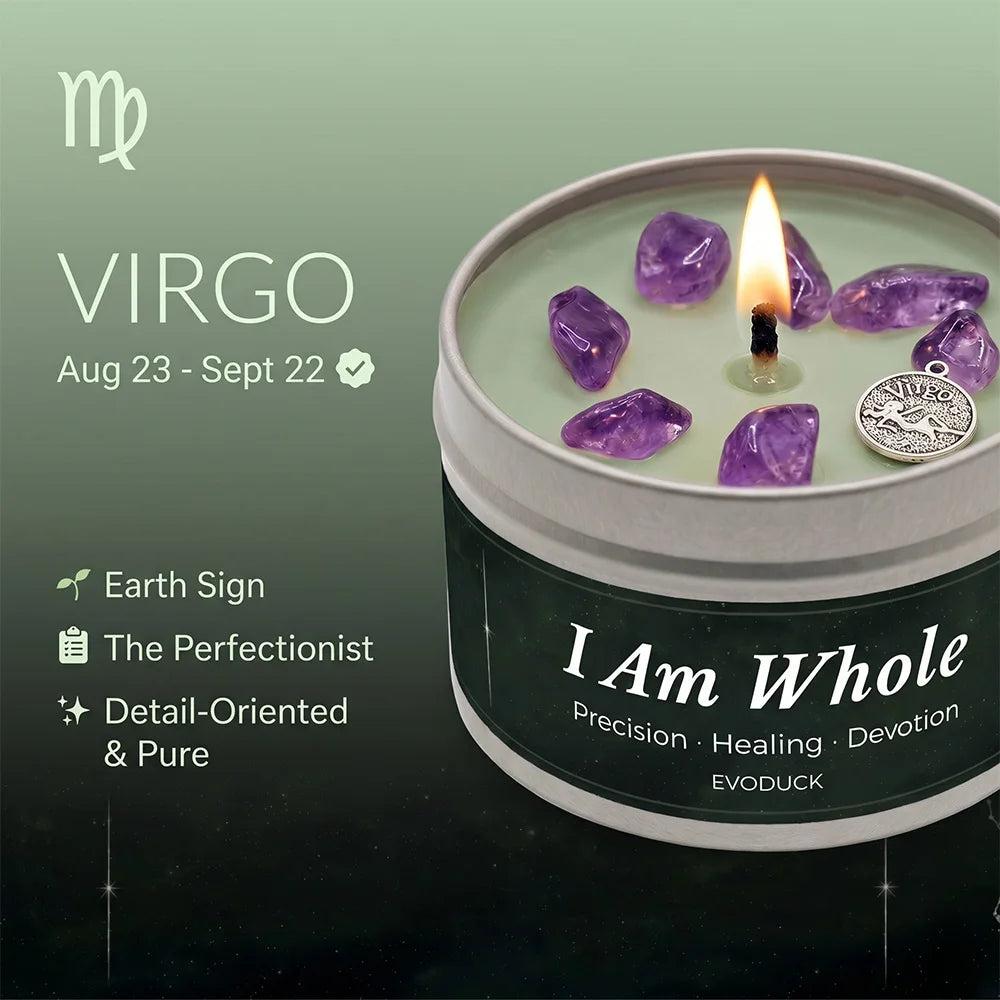 Virgo Zodiac Crystal Infused Candle with amethyst stones, a lit wick, and a silver Virgo charm in a tin.