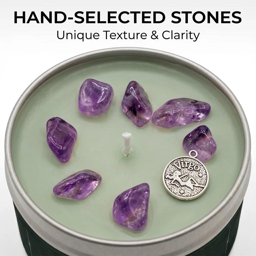 Virgo Zodiac Crystal Infused Candle with Amethyst stones, a silver Virgo charm, and White Tea and Sage scent.