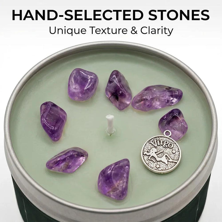 Virgo Zodiac Crystal Infused Candle with Amethyst stones, a silver Virgo charm, and White Tea and Sage scent.