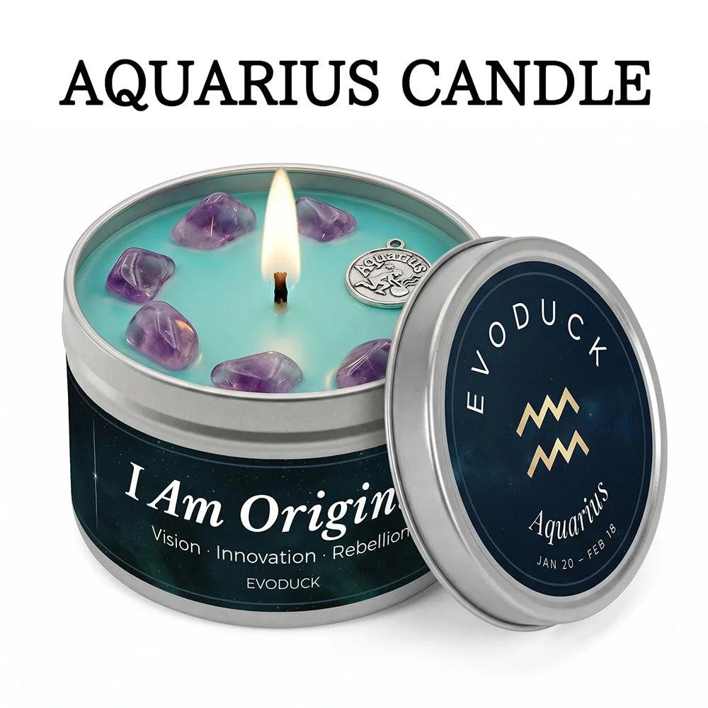 Aquarius Crystal Infused Candle with Amethyst, White Tea & Sage scent, in a silver tin.