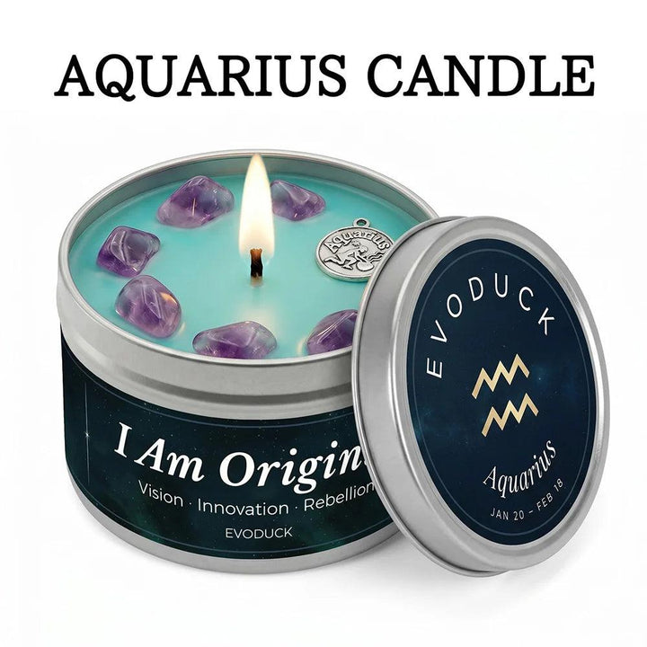 Aquarius Crystal Infused Candle with Amethyst, White Tea & Sage scent, in a silver tin.