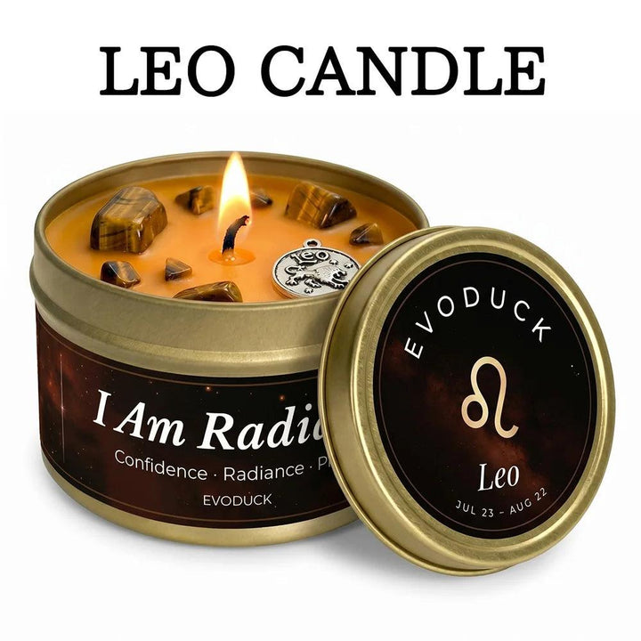 Leo Crystal Infused Candle with Tiger's Eye, White Tea & Sage scent, in a gold tin, radiating confidence.