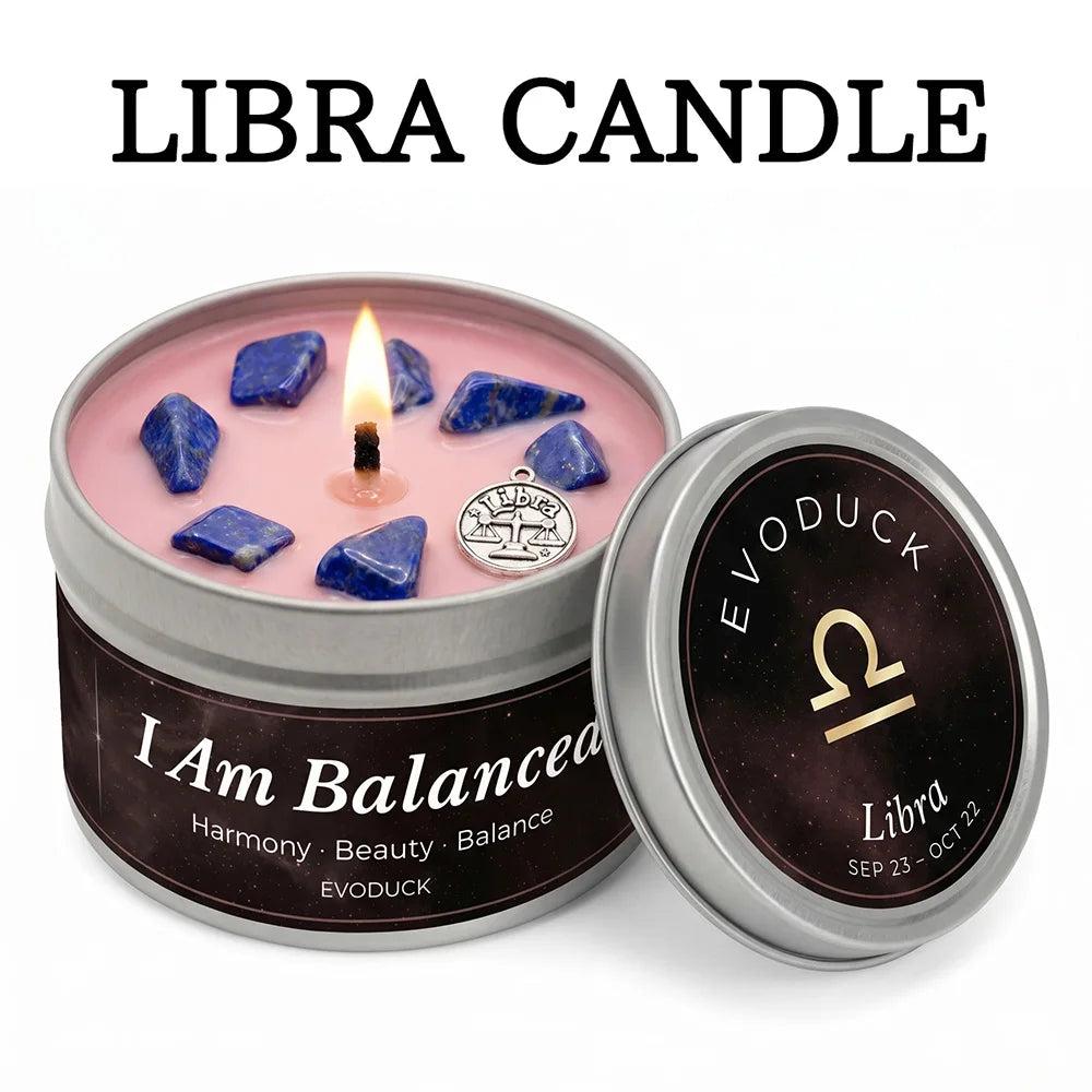 Libra Crystal Infused Candle with Lapis Lazuli, pink wax, and silver tin. Promotes balance and harmony.
