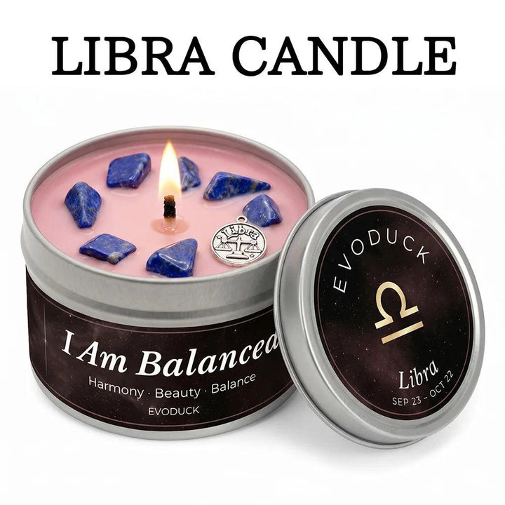 Libra Crystal Infused Candle with Lapis Lazuli, pink wax, and silver tin. Promotes balance and harmony.