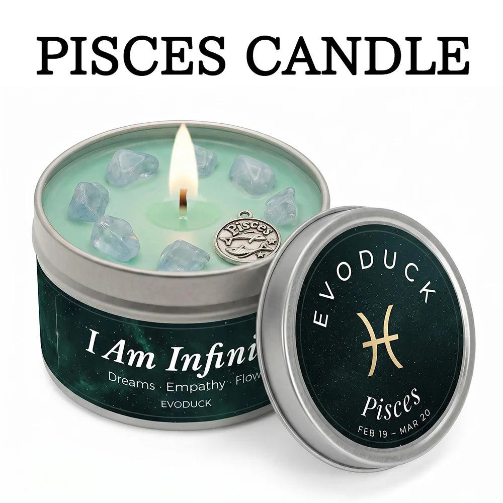 Pisces Crystal Infused Candle with blue crystals, a silver tin, and a lit wick, promoting dreams and empathy.
