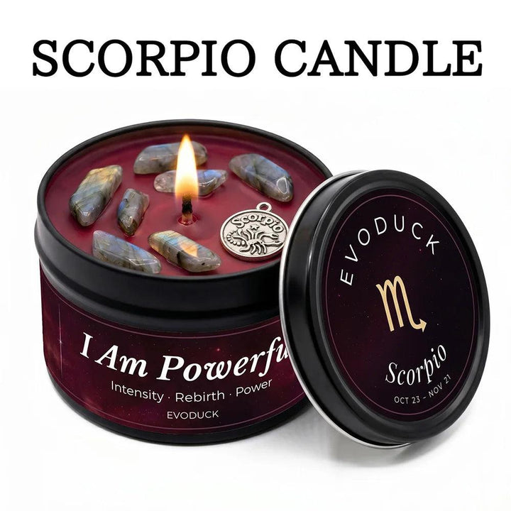 Scorpio Crystal Infused Candle with labradorite stones, a lit wick, and a silver zodiac charm in a black tin.