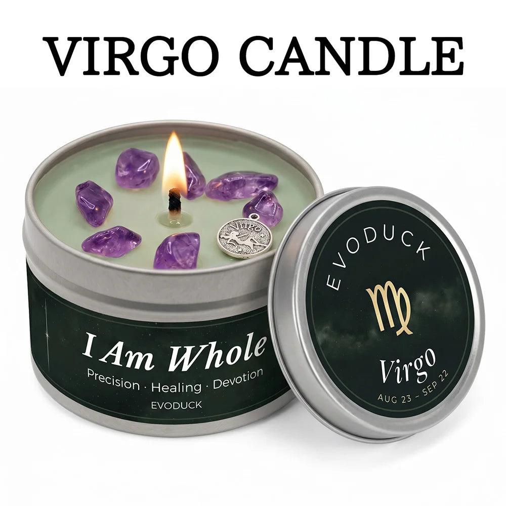 Virgo Crystal Infused Candle with Amethyst, White Tea & Sage scent, in a silver tin.