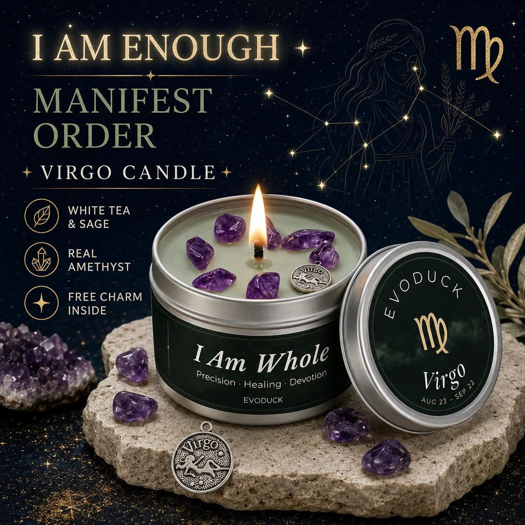 Virgo Zodiac Crystal Infused Candle with real amethyst, White Tea & Sage scent, and a silver charm.