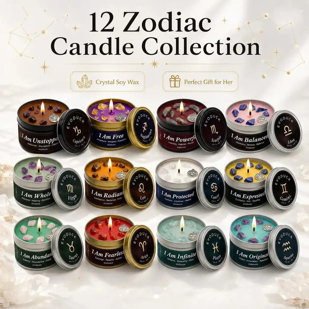Zodiac Crystal Soy Candles in lidded tins featuring colorful wax, healing crystals, and unique astrology charms for each sign.