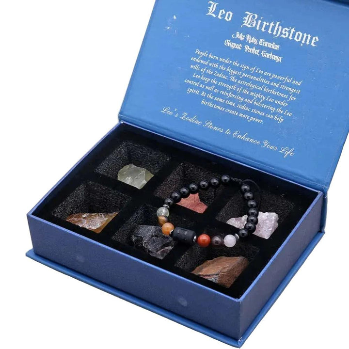 Leo Zodiac Crystals & Bracelet gift set with Lapis Lazuli, Amethyst, and raw stones in a velvet-lined box.