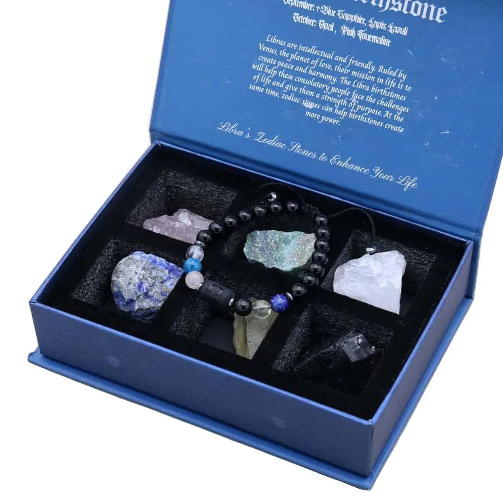 Lapis Lazuli & Amethyst crystal bracelet with raw stones in a velvet-lined Zodiac gift box.