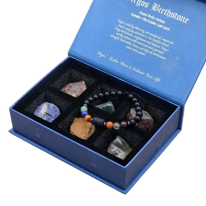 Virgo Zodiac Crystals & Bracelet gift set with Lapis Lazuli, Amethyst, and raw stones in a velvet-lined box.