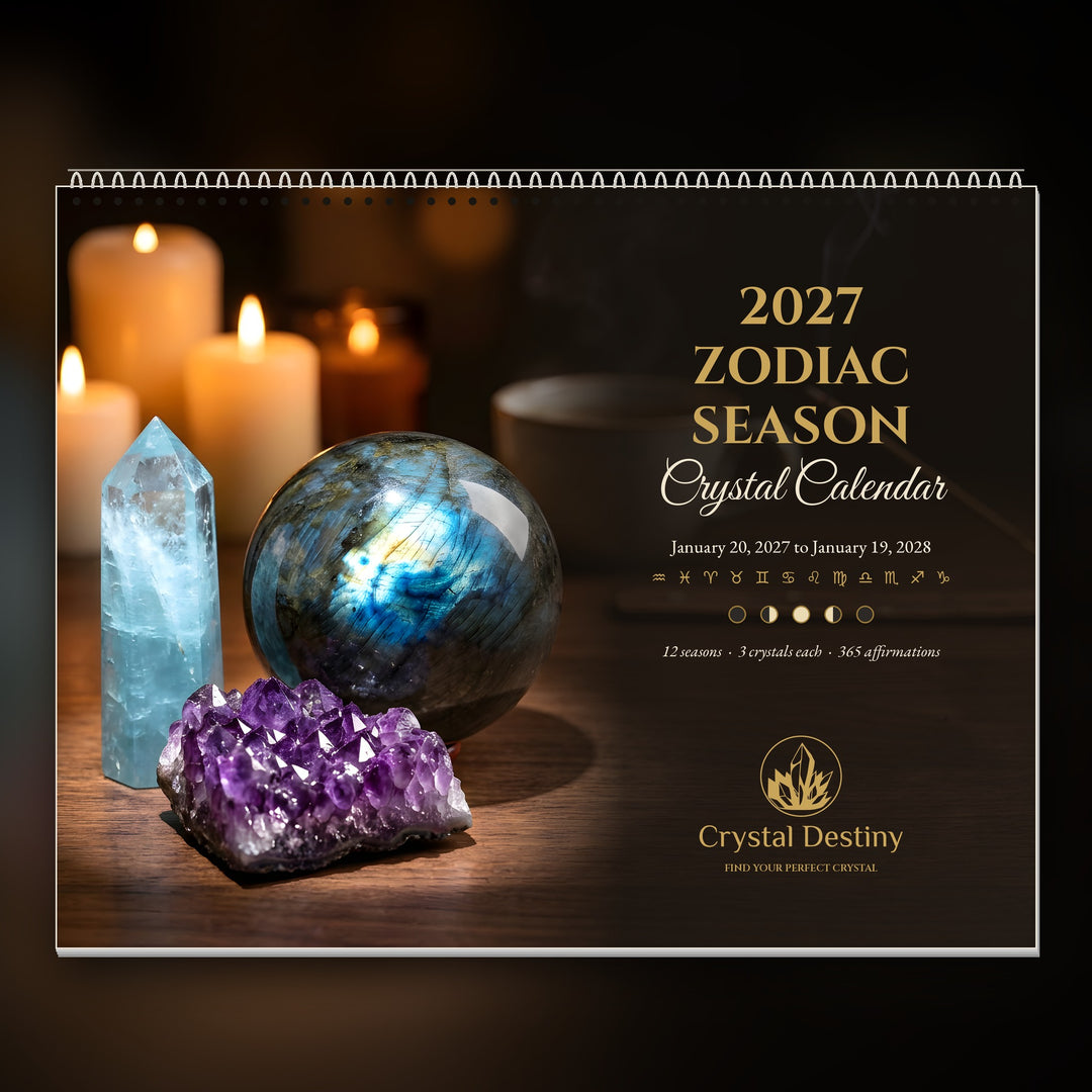 Zodiac Season Crystal Calendar front cover with labradorite sphere, aquamarine point and amethyst by candlelight, on its wire binding