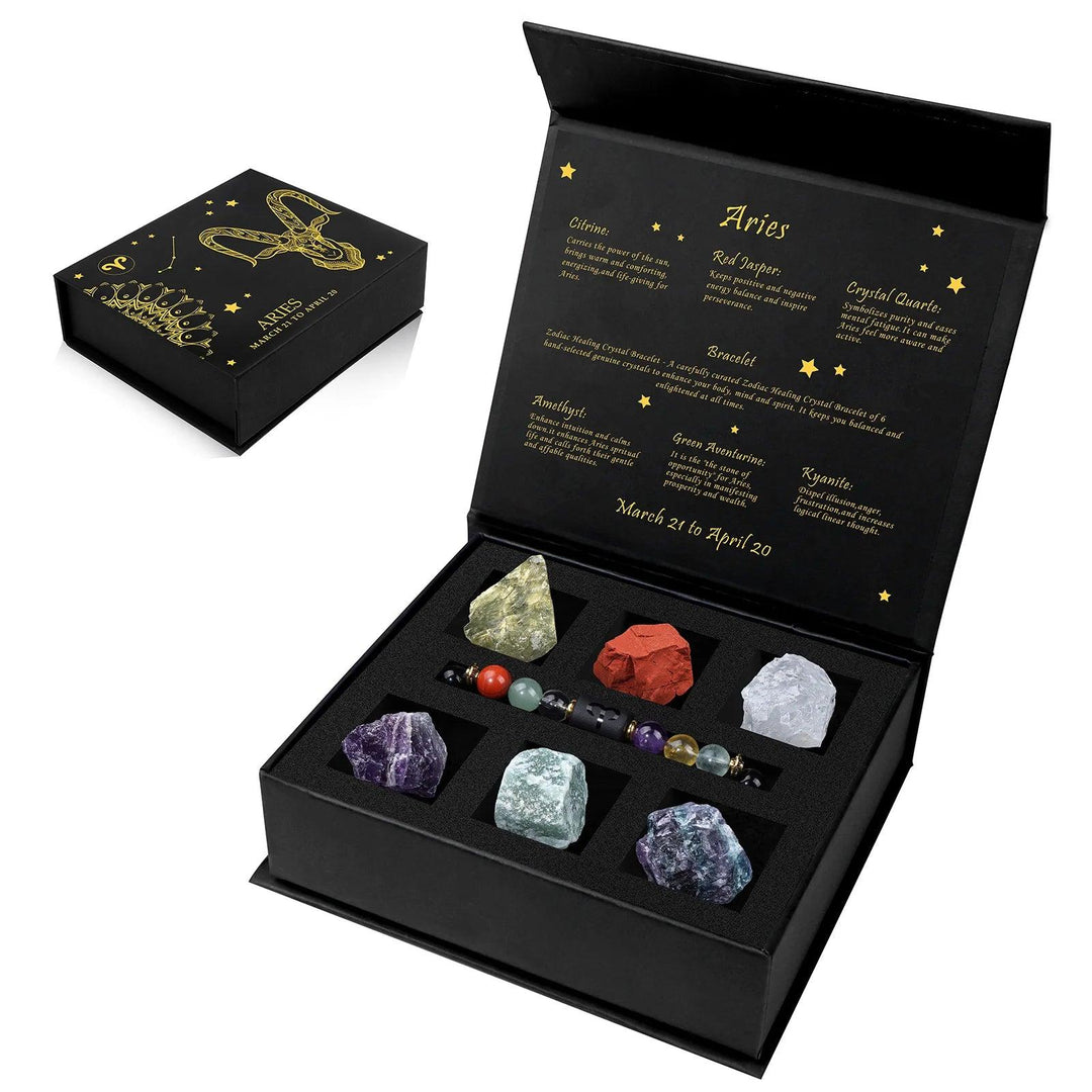 Aries Zodiac Crystal Gift Box with 7 healing stones: Citrine, Red Jasper, Crystal Quartz, Amethyst, Green Aventurine, Kyanite.