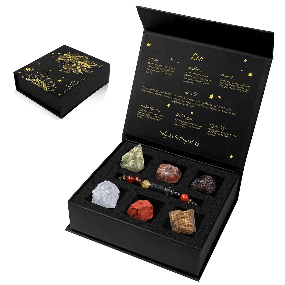 Zodiac Crystal Gift Box for Leo, featuring healing Citrine, Carnelian, Garnet, Crystal Quartz, Red Jasper, and Tiger Eye stones.