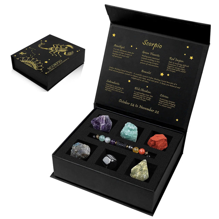 Scorpio Zodiac Crystal Gift Box with healing Amethyst, Green Fluorite, Red Jasper, Labradorite, Black Obsidian, Citrine, and a beaded bracelet.