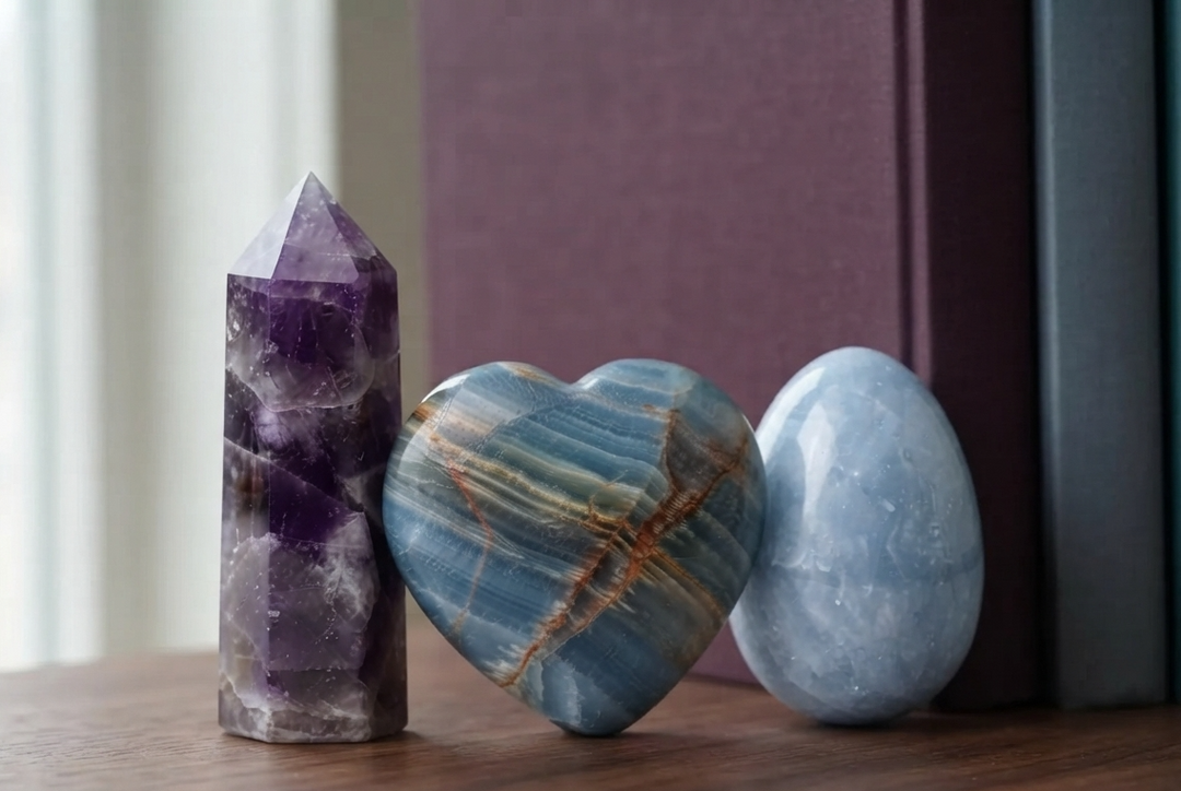Anxiety Relief Crystal Bundle: Amethyst tower, Blue Calcite heart and Celestite egg on a bookshelf