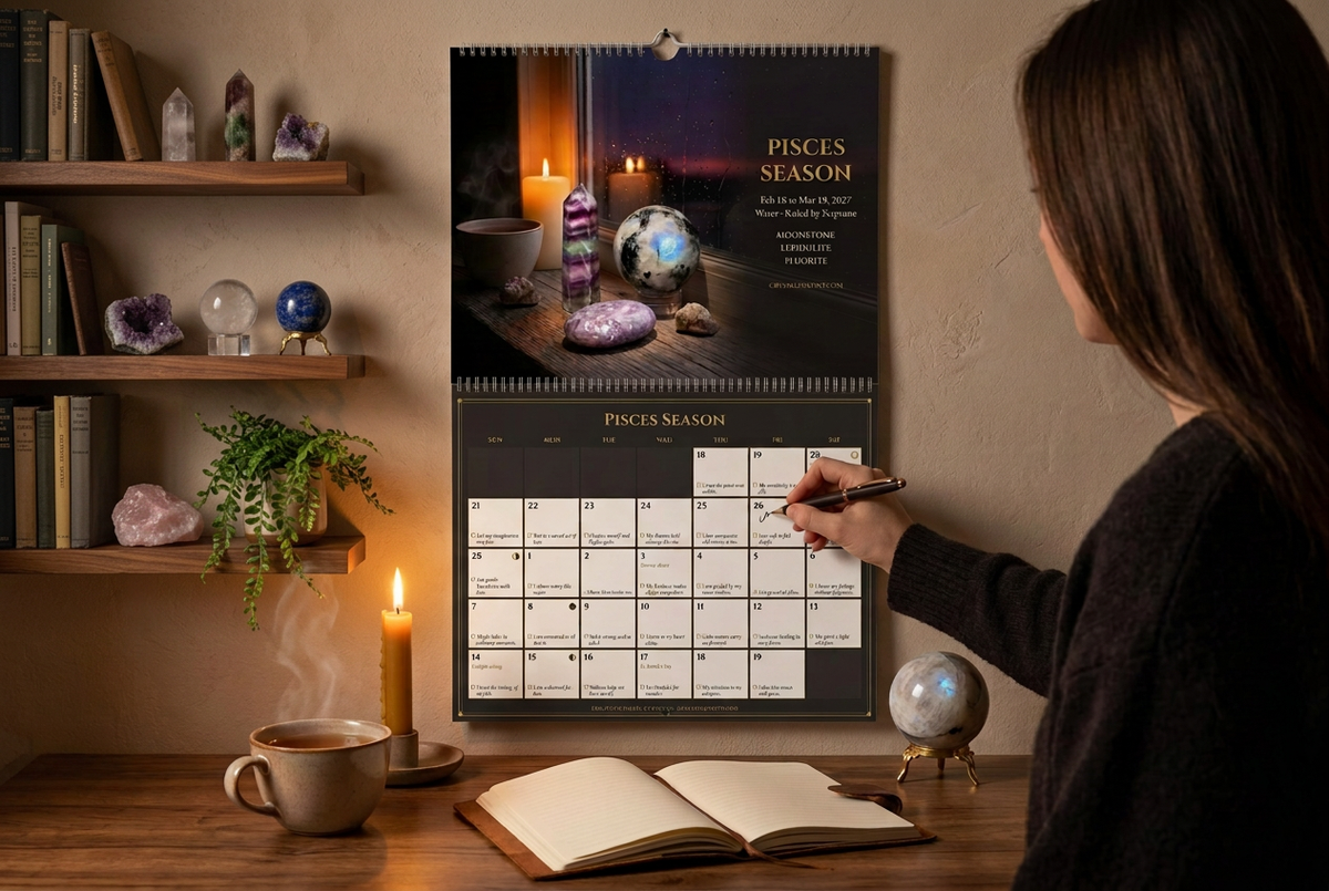 Woman writing a note on the 2027 Zodiac Season Crystal Calendar hanging above a candlelit study desk, with shelves of books and crystals
