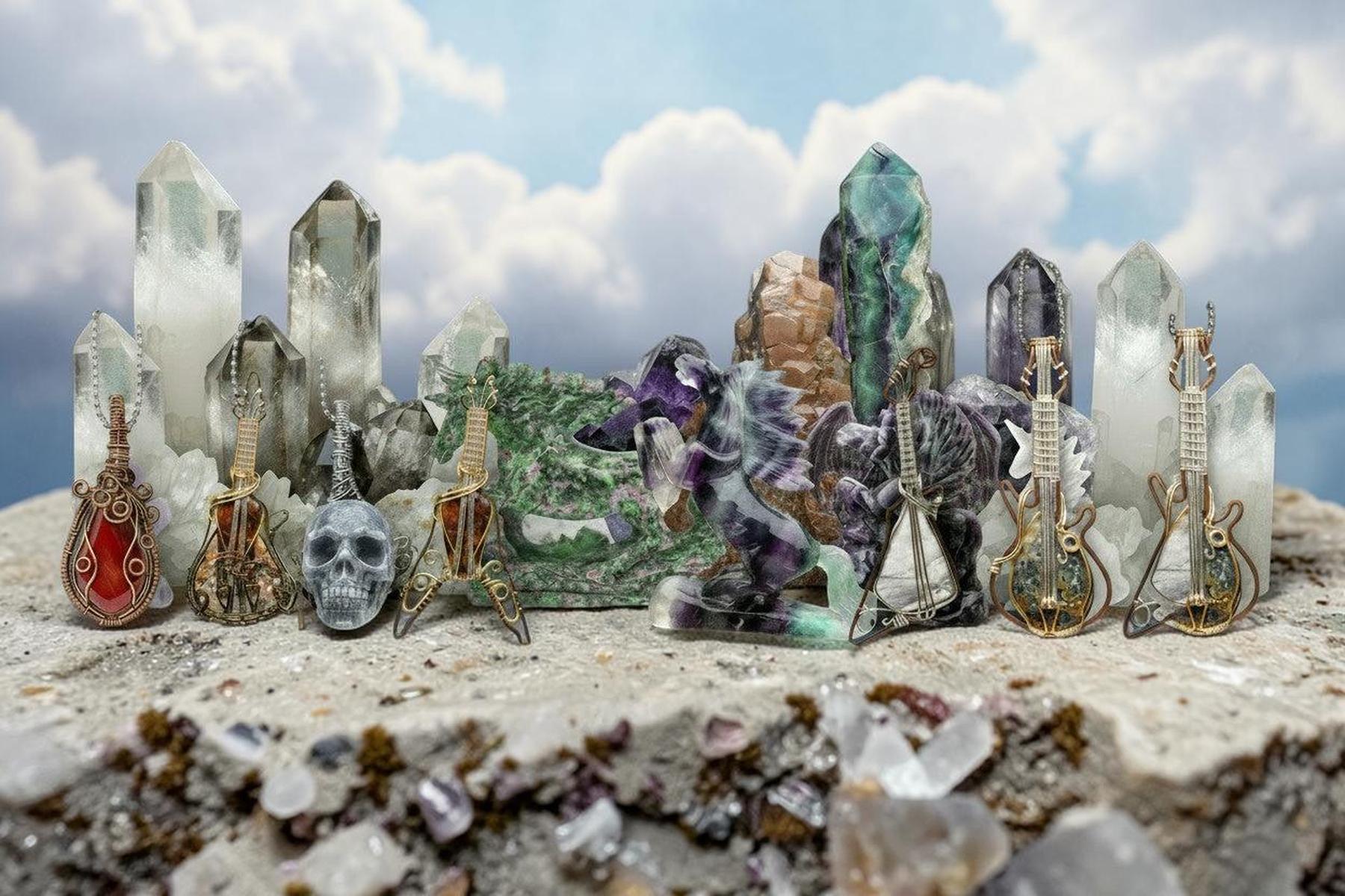 Crystal carvings: clear quartz towers, colorful fluorite dragons, and wire-wrapped guitar pendants.