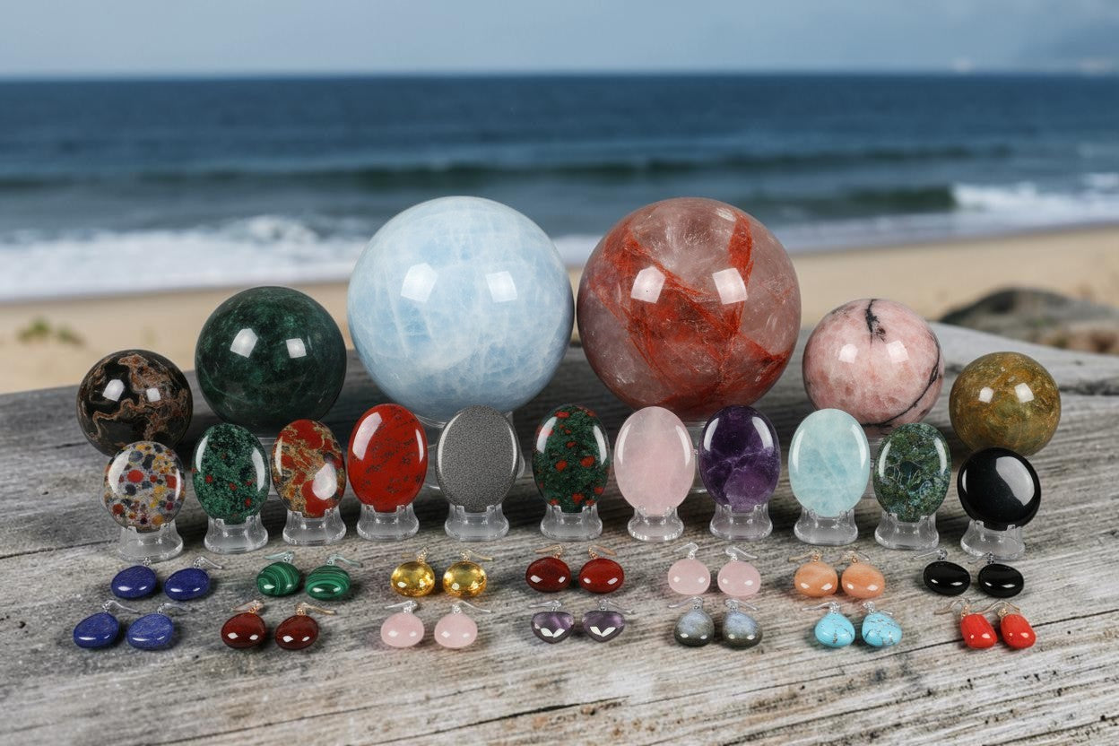 Hematoid Fire Quartz sphere centerpiece surrounded by a diverse collection of polished crystal spheres and gemstone jewelry.