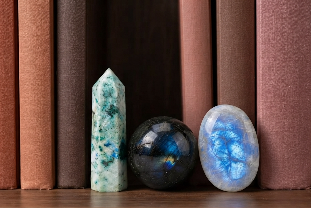 Growth and Transformation Crystal Bundle: Chrysocolla tower, Labradorite sphere and Moonstone palm stone on a bookshelf