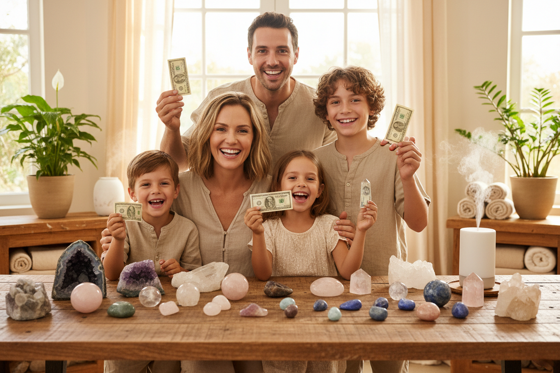 Happy family with crystals